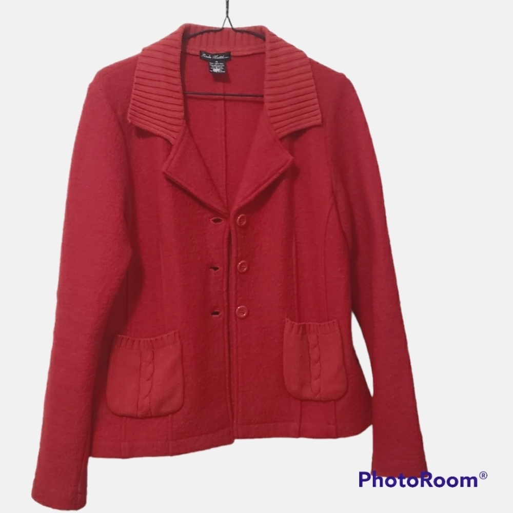 Linda Matthews Wool Red Button Up Jacket Red Button